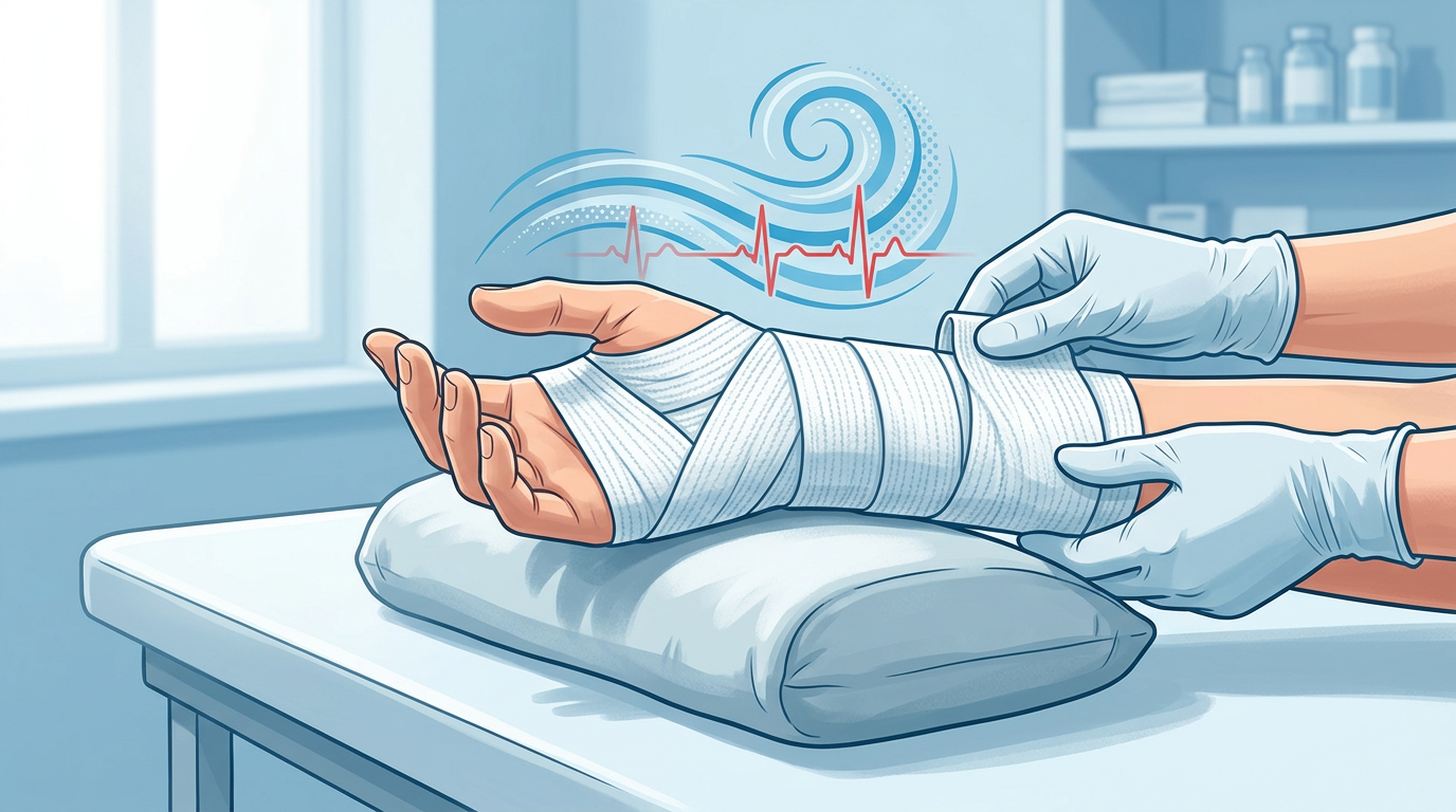 A clinical setting showing a sprained wrist elevated on a medical examination table, neatly wrapped in a white stretchable dressing to reduce swelling.