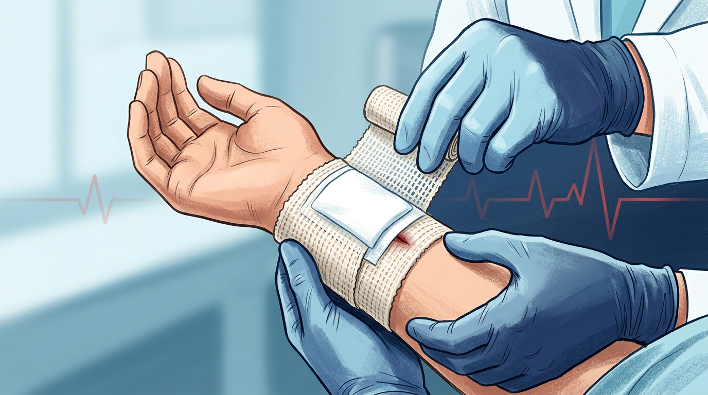A healthcare professional's gloved hands securing a breathable woven bandage around a patient's wrist joint, tucking the final edge over a sterile dressing pad.