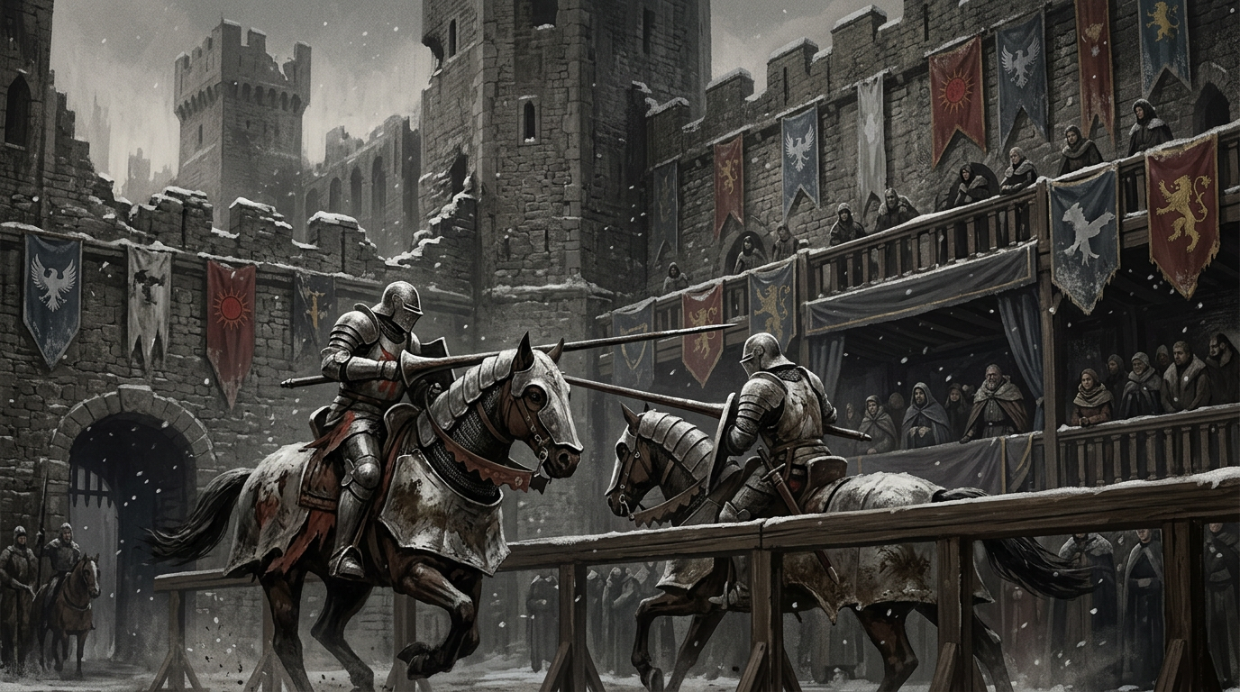 A tense jousting tournament arena set in a massive, decaying stone castle courtyard, with a fading winter snow falling lightly on the banners of fantasy noble houses.