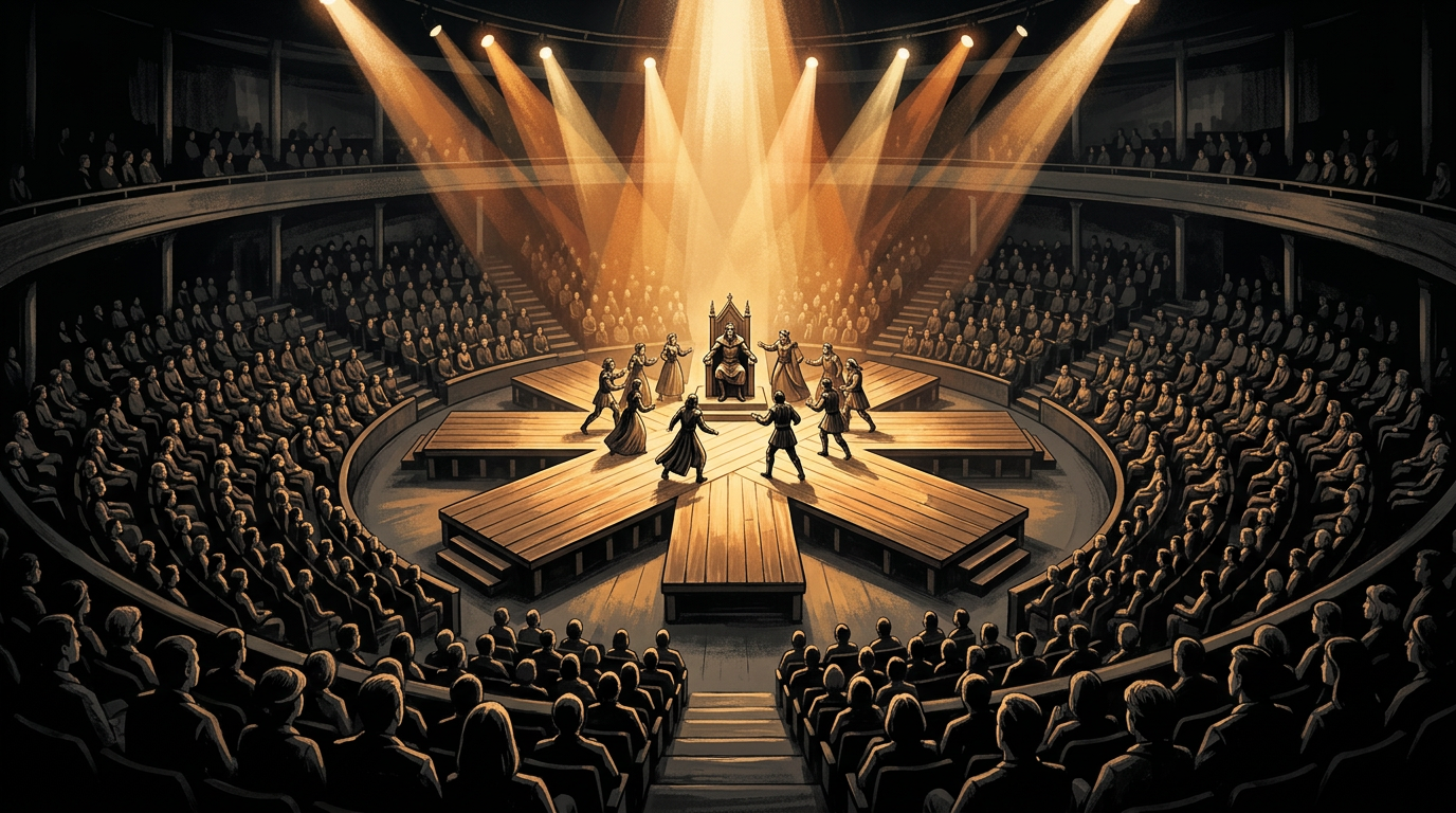 A large, cross-shaped wooden theater stage completely surrounded by a seated audience in a darkened, circular auditorium, lit by warm spotlights.