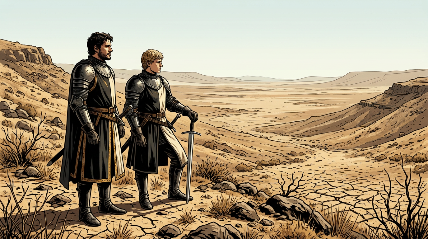 Two actors in medieval armor standing on a dry, rocky hillside in the Canary Islands, looking out over a drought-stricken landscape.