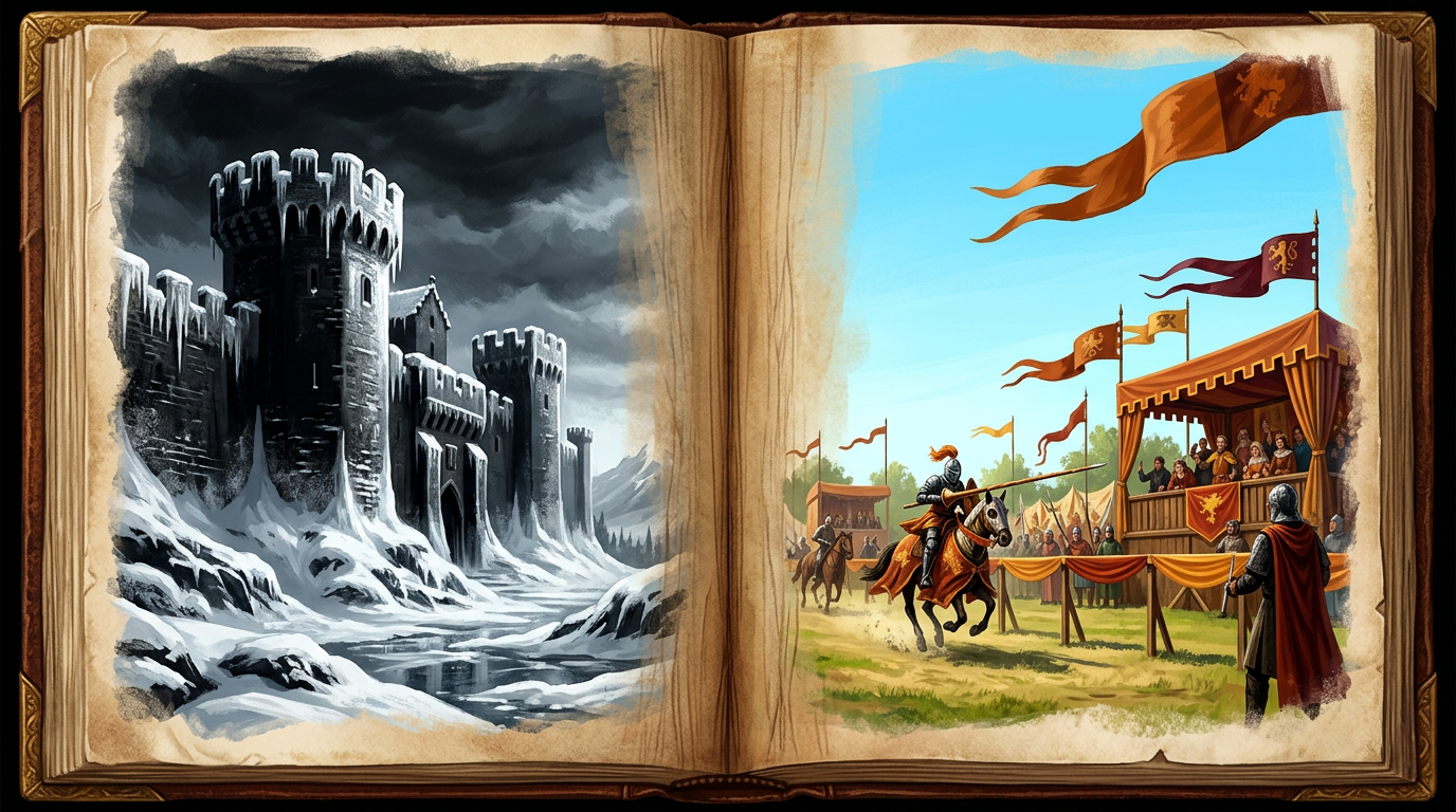 A calendar split down the middle, showing a snowy castle in January shifting into a sunny medieval tournament field by summer, highlighting the scheduling shift.