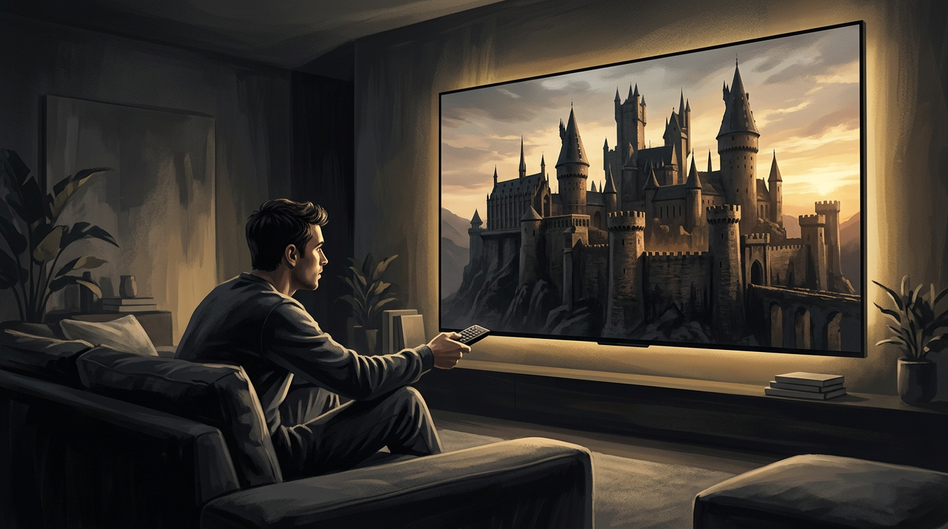 A fan sitting on a living room couch holding a television remote, looking intently at a large glowing screen displaying a dark fantasy castle.