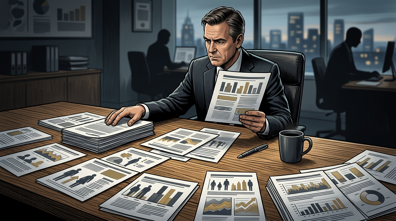 A television executive reviewing printed audience demographic reports at a large oak conference table next to a coffee mug.