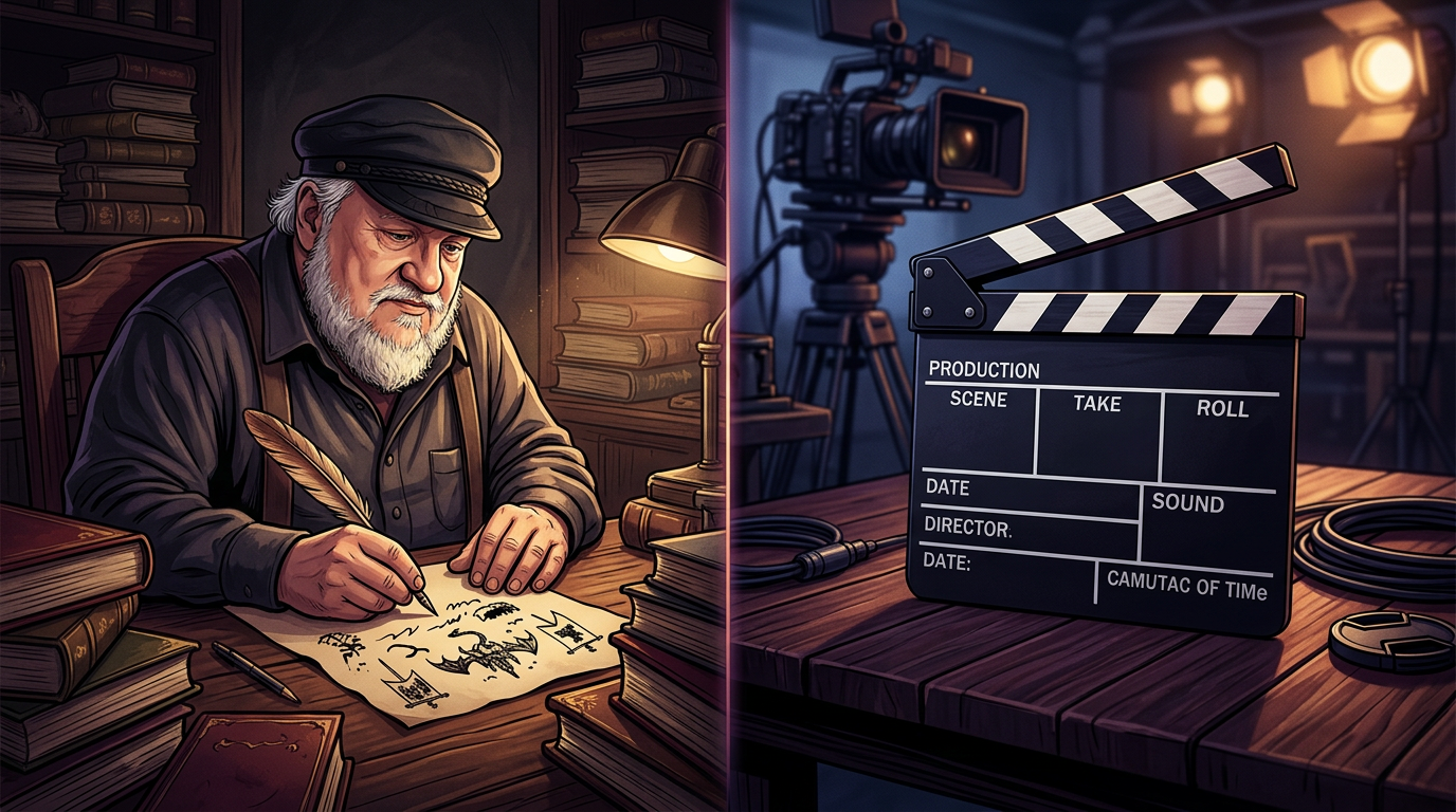A divided split-screen portrait showing George R.R. Martin writing at a desk on one side, and a television production slate for House of the Dragon sitting on a dark wooden table on the other side.