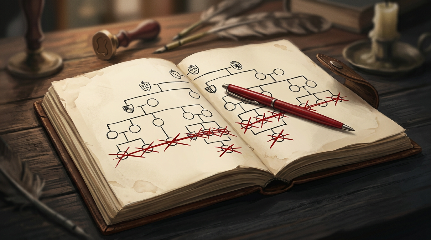 A notebook open on a desk showing hand-drawn family trees and crossed-out names, with a red pen resting on top of the pages.