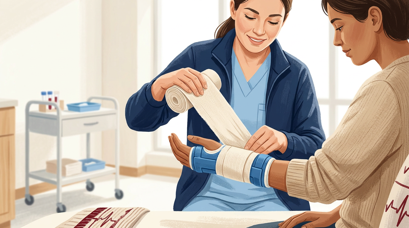 A medical professional in a brightly lit clinic wrapping a patient's wrist with a thick, plain-weave fabric roll over a rigid splint.