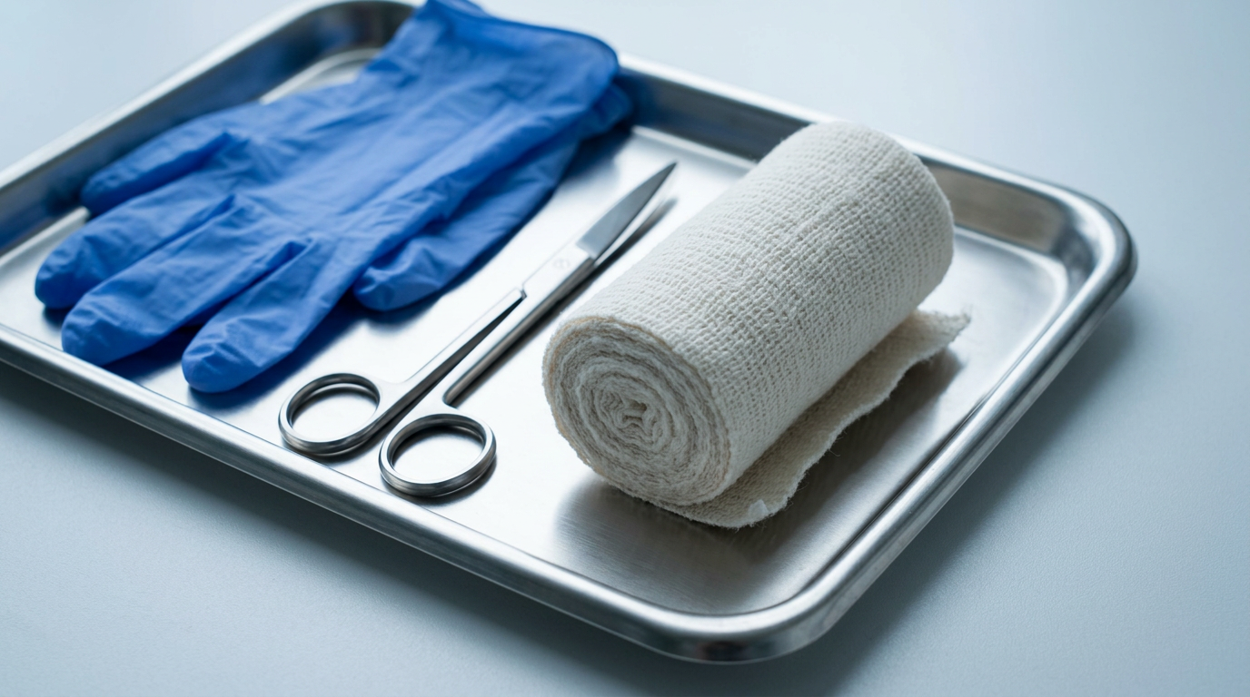 A close-up view of a stainless steel medical tray holding a pair of blue nitrile examination gloves, surgical scissors, and a neatly rolled cotton and wool orthopedic dressing.