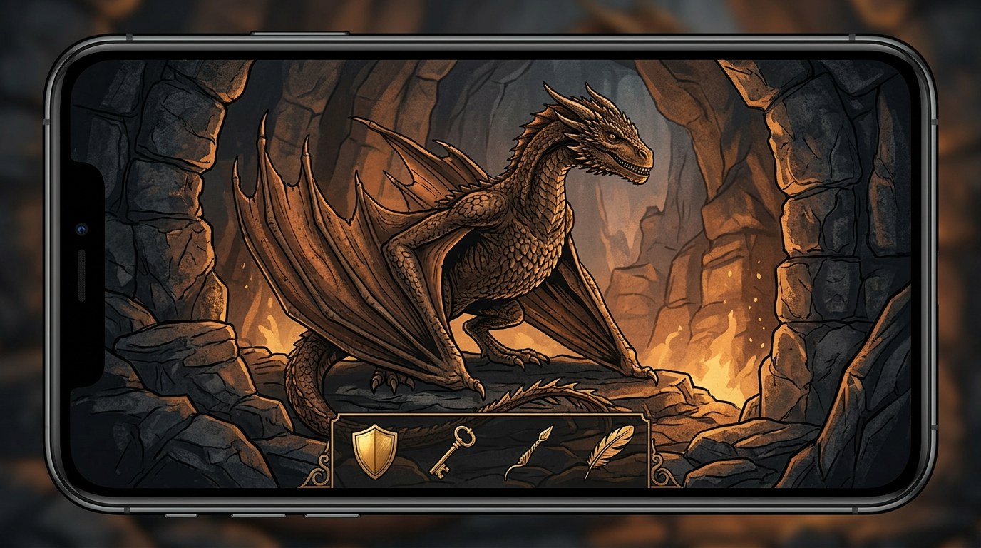 A detailed mobile phone screen displaying a brown dragon perched inside a stone hatchery, with a game interface overlay visible at the bottom.