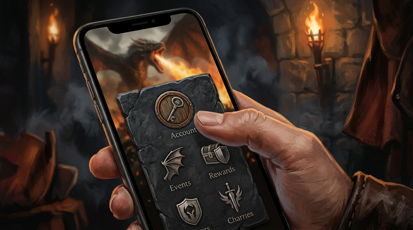 A person holding a smartphone showing a fantasy mobile game menu, with their thumb hovering over an 'Account' button inside a stone-textured settings panel.