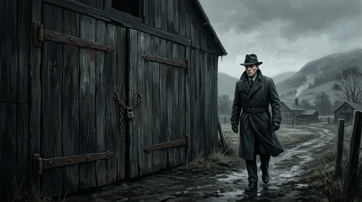 A sharp-eyed detective in a heavy coat walking past massive wooden slaughterhouse doors in a rural farming valley.