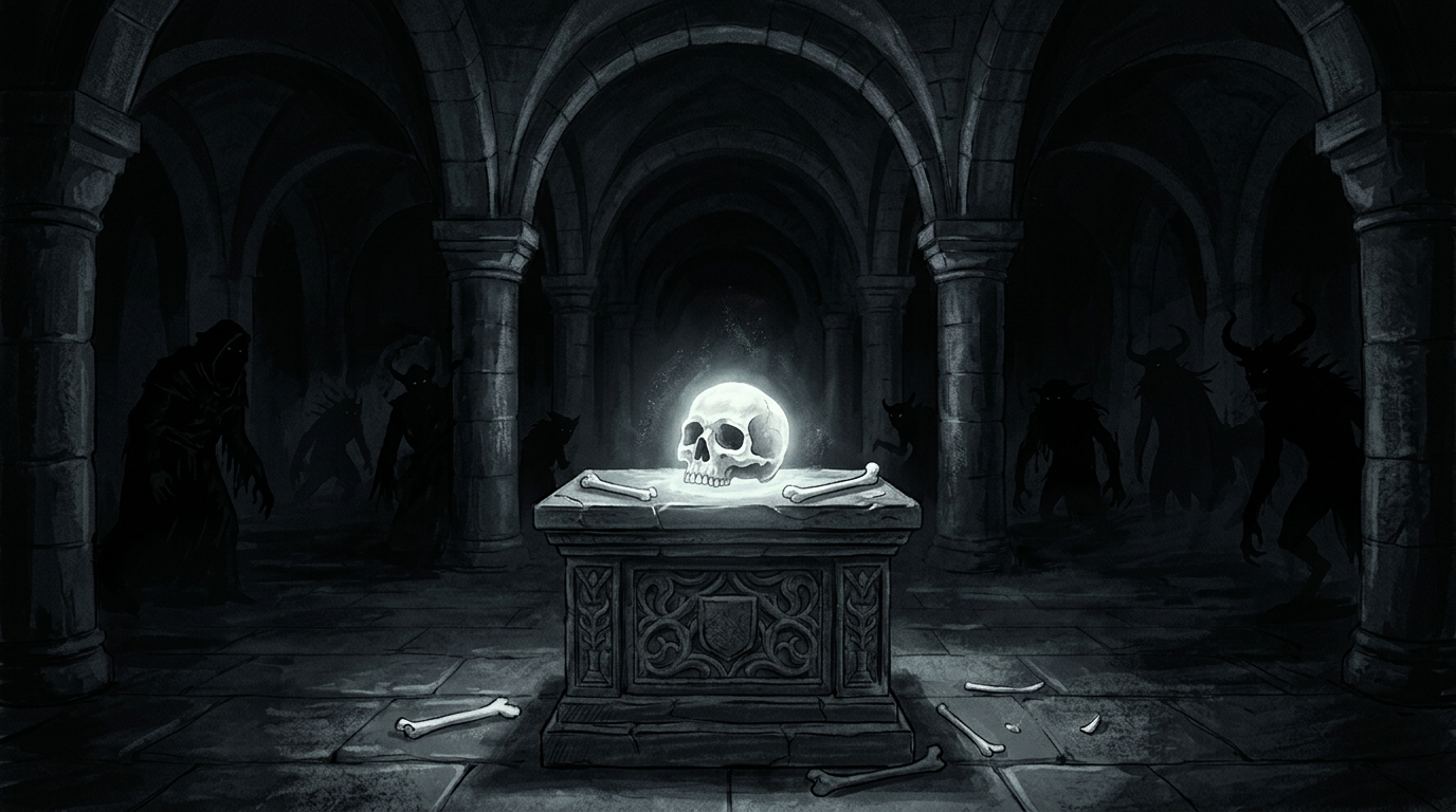 A glowing skull resting on a stone pedestal inside a massive, dark dungeon, surrounded by shadowed creatures.