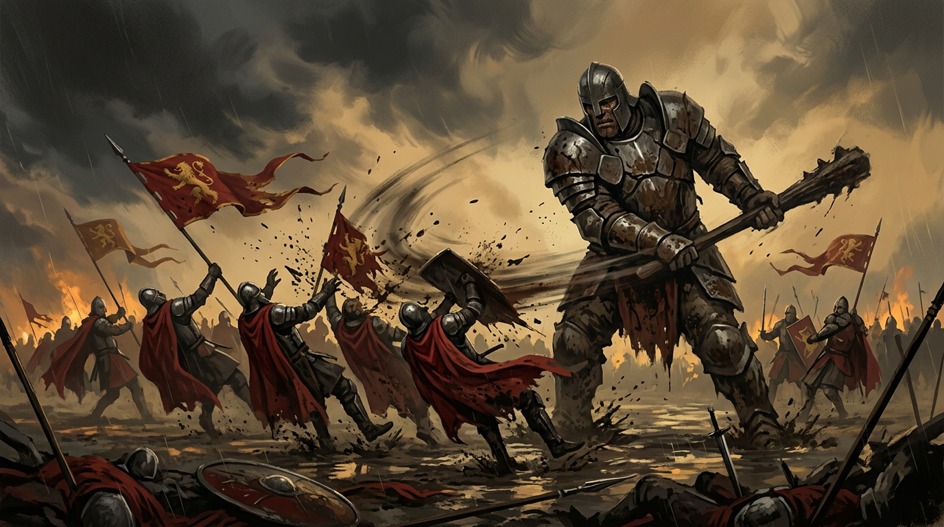 A massive armored giant swinging a club through a line of soldiers wearing red capes and holding lion banners on a muddy battlefield.