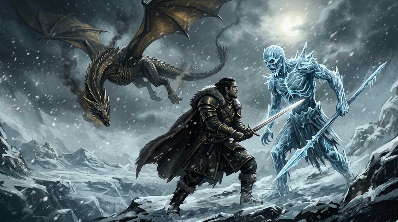 A warrior in dark northern armor facing off against an undead figure made of ice, with a winged dragon falling from the snowy sky in the background.